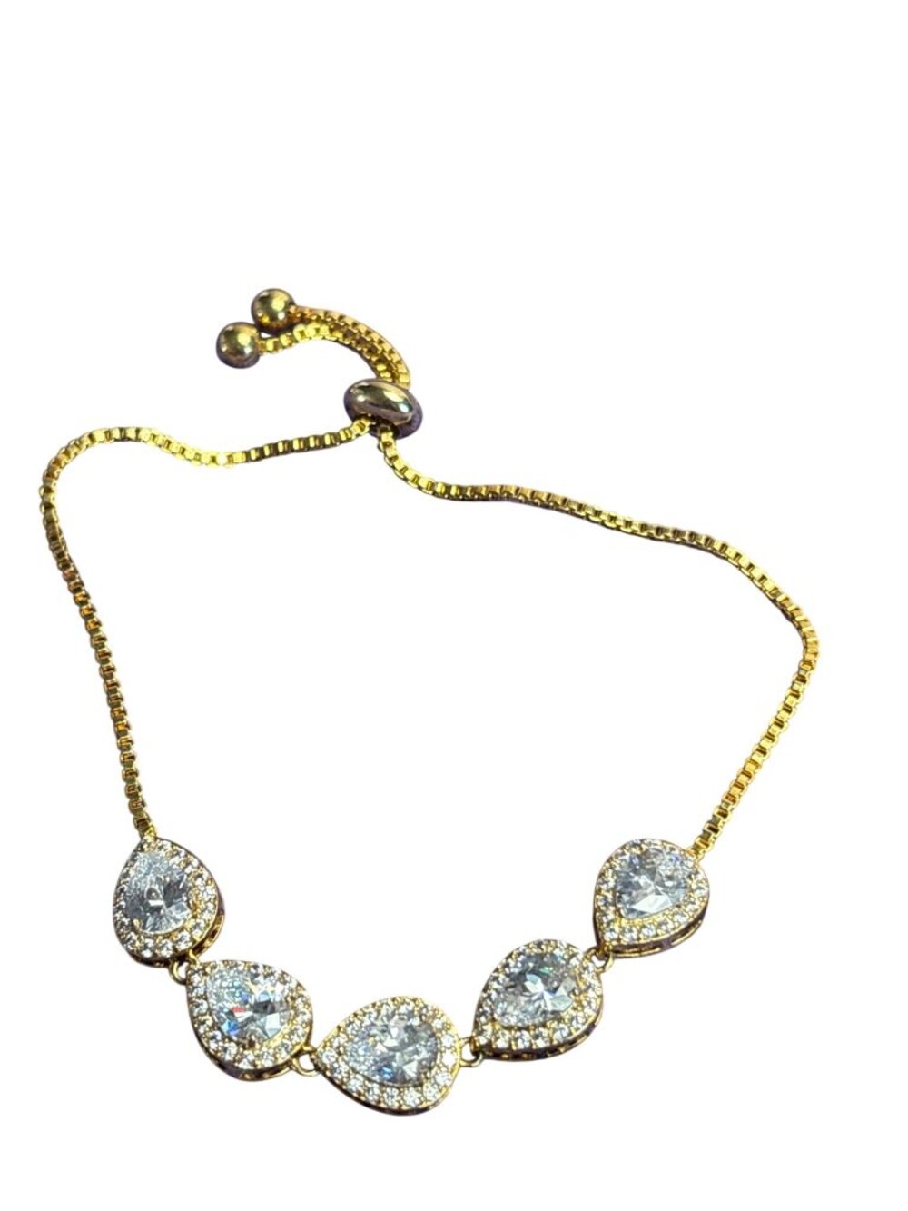 Clear CZ Teardrop Halo Goldtone Box Chain Adjustable Bracelet